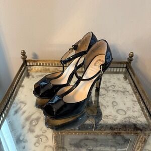 Monet Shoes Womens Size 6.5M Black Patent Leather Italy Peep Toe High Heel Strap